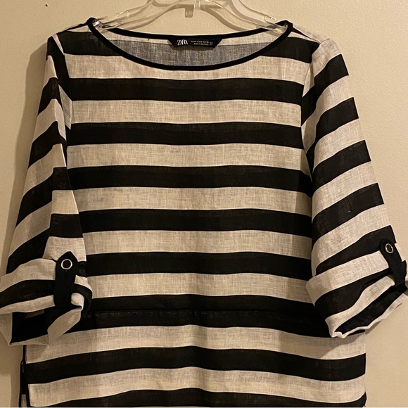 Zara Women’s 100% Linen Size M Tan/Black Round Neck 3/4 Roll Tab Sleeves - Picture 2 of 11